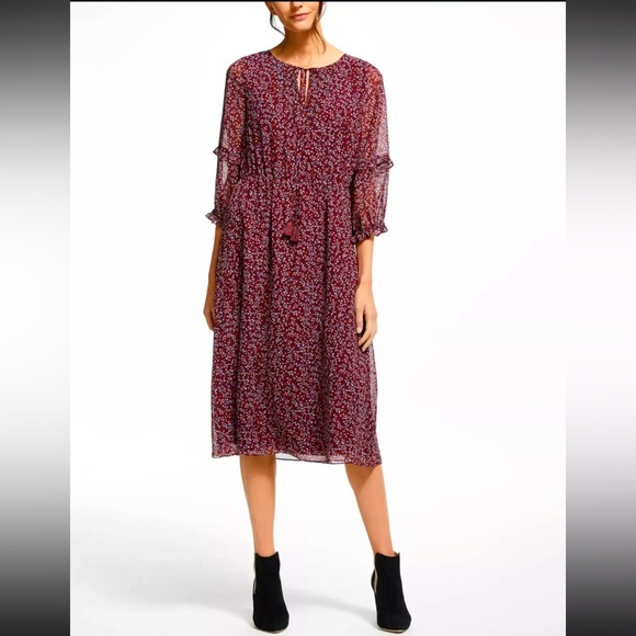 Boden Dresses & Skirts - Boden Iona Midi Dress Size18L Burgundy Purple Blue Floral Tassel 3/4 Puff Sleeve